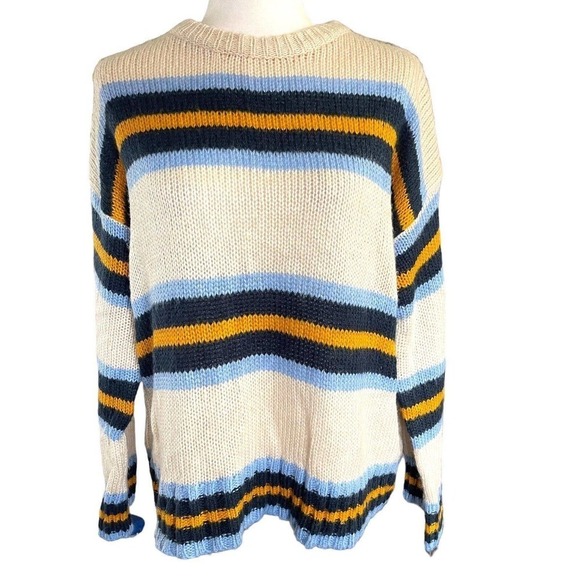 Urban Outfitters Bobby Boyfriend Stripe Sweater Blue Yellow Cream Sz Small Cozy - Picture 2 of 10